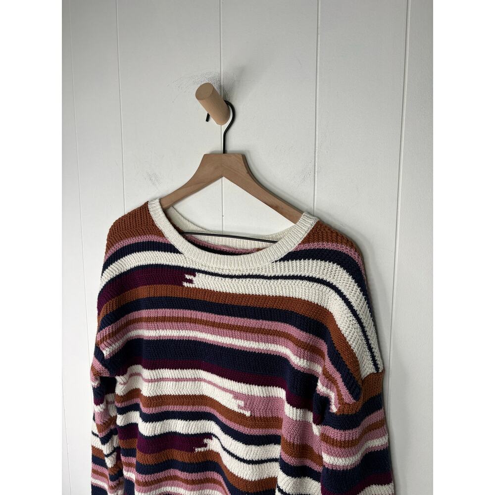 ☀️SALE☀️ Boho Stripe Chunky Knit Crewneck Sweater Large Mauve Cottagecore Cozy - Picture 2 of 7